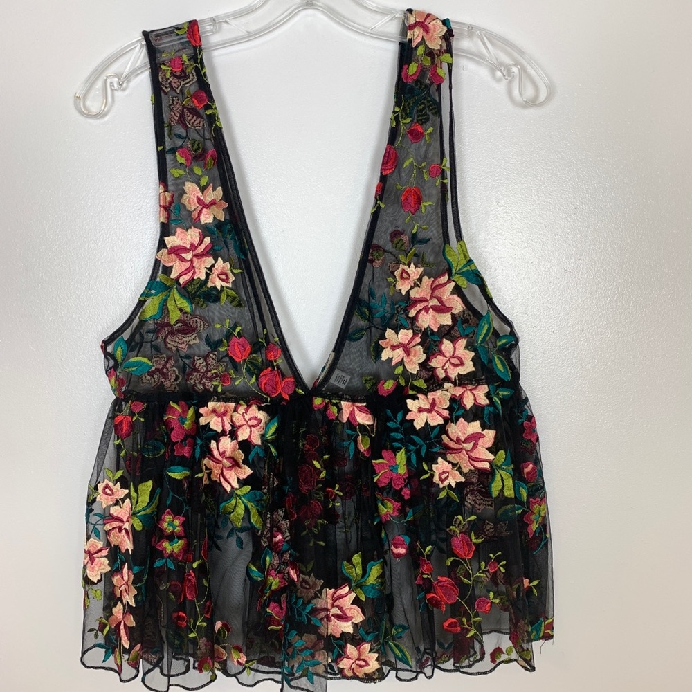 L Ecote Veita embroidered floral mesh tank, peplum